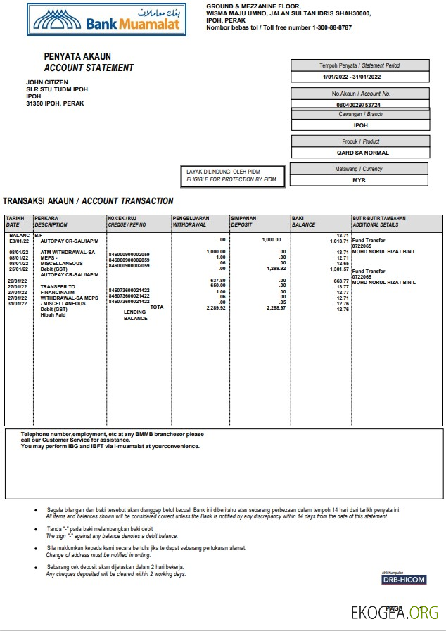 Relevé de compte bancaire de la Malaysia Bank Muamalat